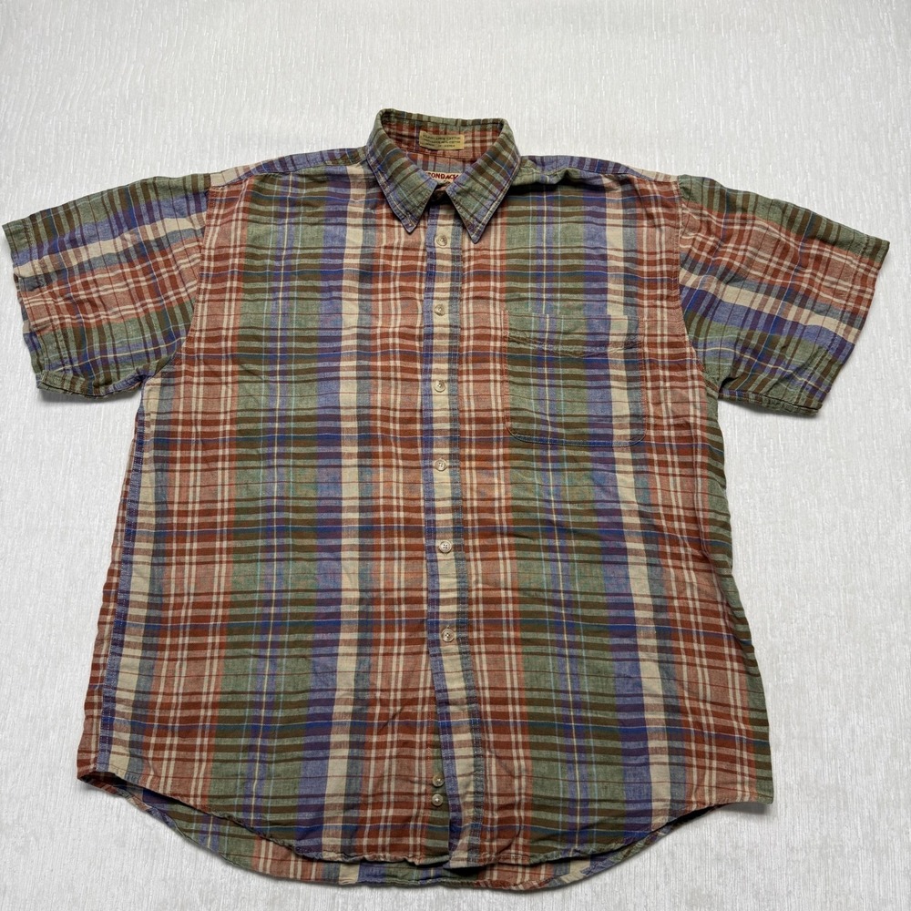 VTG Adirondack Plaid Button Down Shirt Mens Large Island Linen Cotton Brown Red